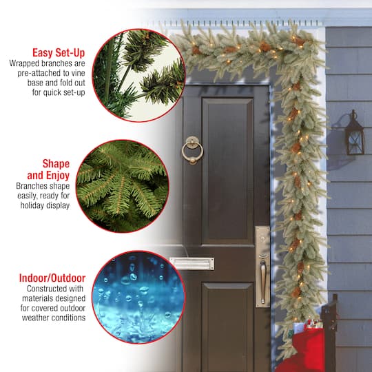 9' x 12" Pre-lit Feel Real® Frosted Artic Spruce Artificial Christmas Garland with Cones & 50 Clear Lights